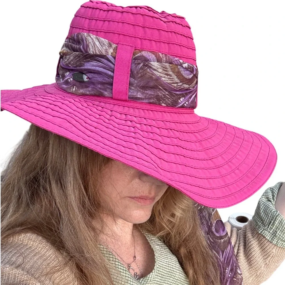 Wide Brim Grosgrain‎ Sun Hat Scala Fuchsia Pink Peacock Scarf